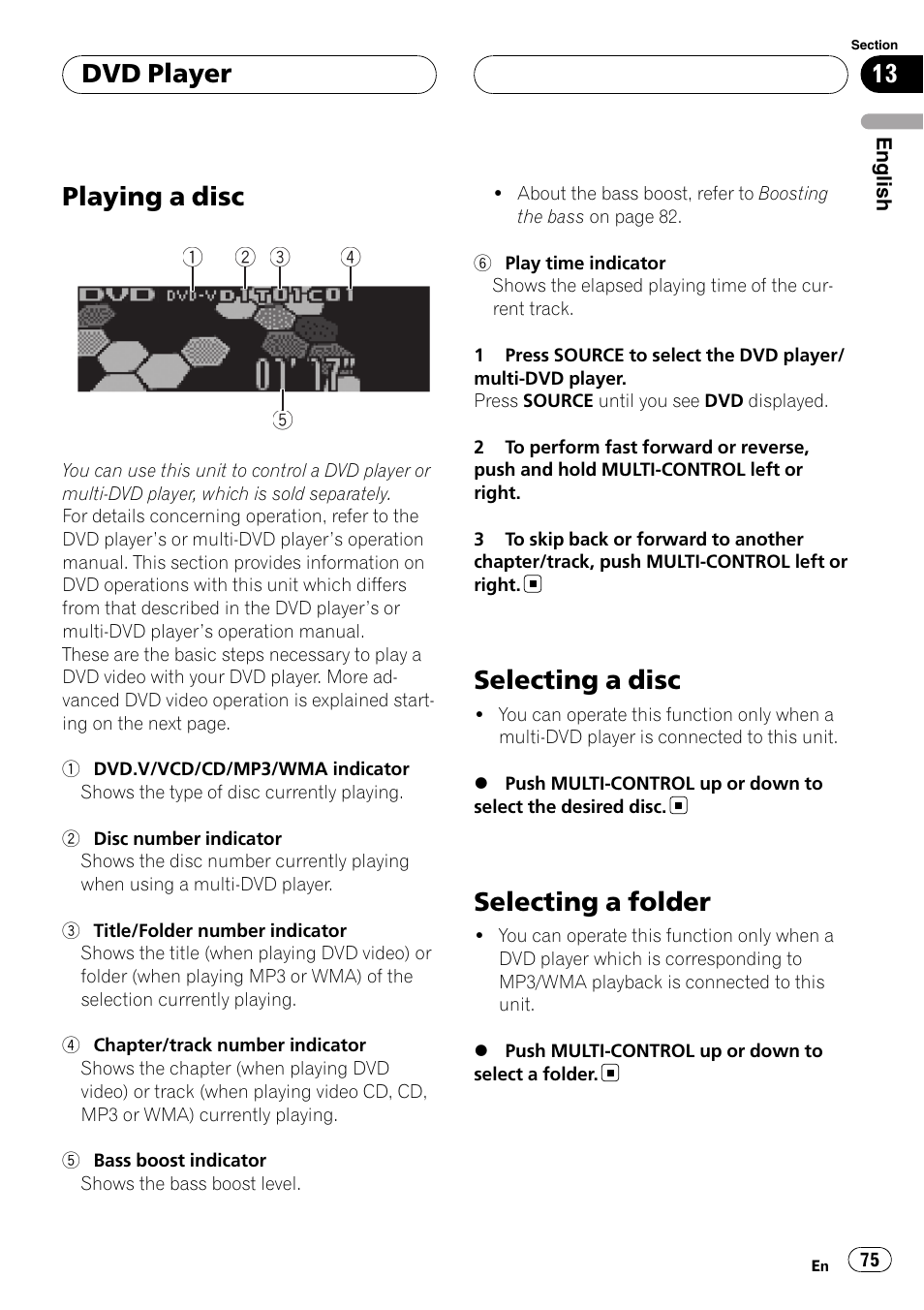 Dvd player playing a disc, Selecting a disc, Selecting a folder | Playing a disc, Dvd player | Pioneer DEH-P75BT User Manual | Page 75 / 207