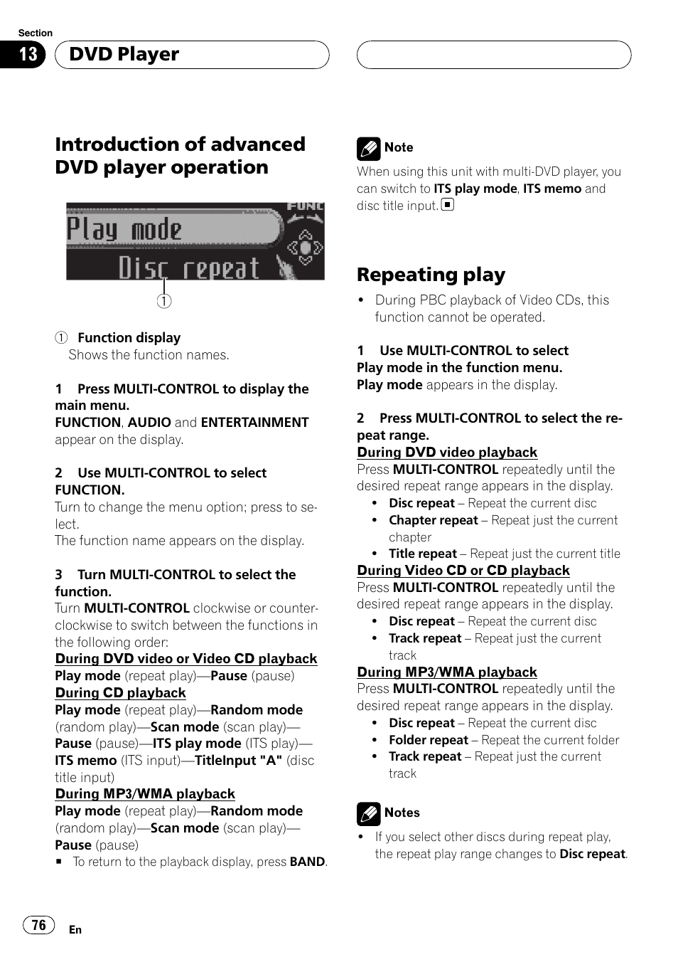 Introduction of advanced dvd player, Operation, Repeating play | Introduction of advanced dvd player operation, Dvd player | Pioneer DEH-P75BT User Manual | Page 76 / 207