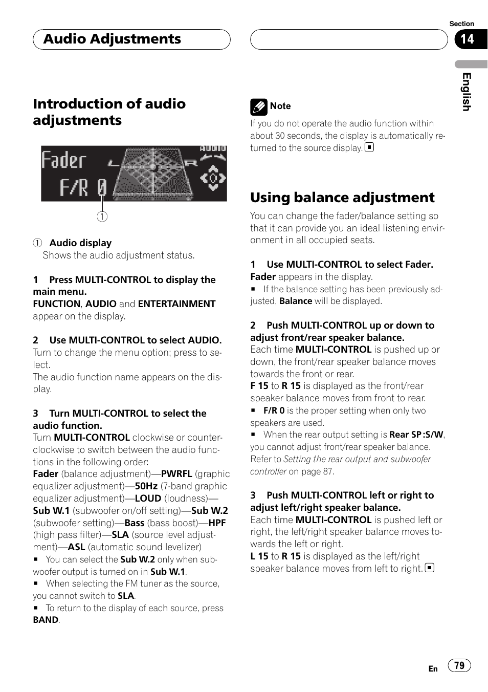 Using balance adjustment, Introduction of audio adjustments, Audio adjustments | Pioneer DEH-P75BT User Manual | Page 79 / 207
