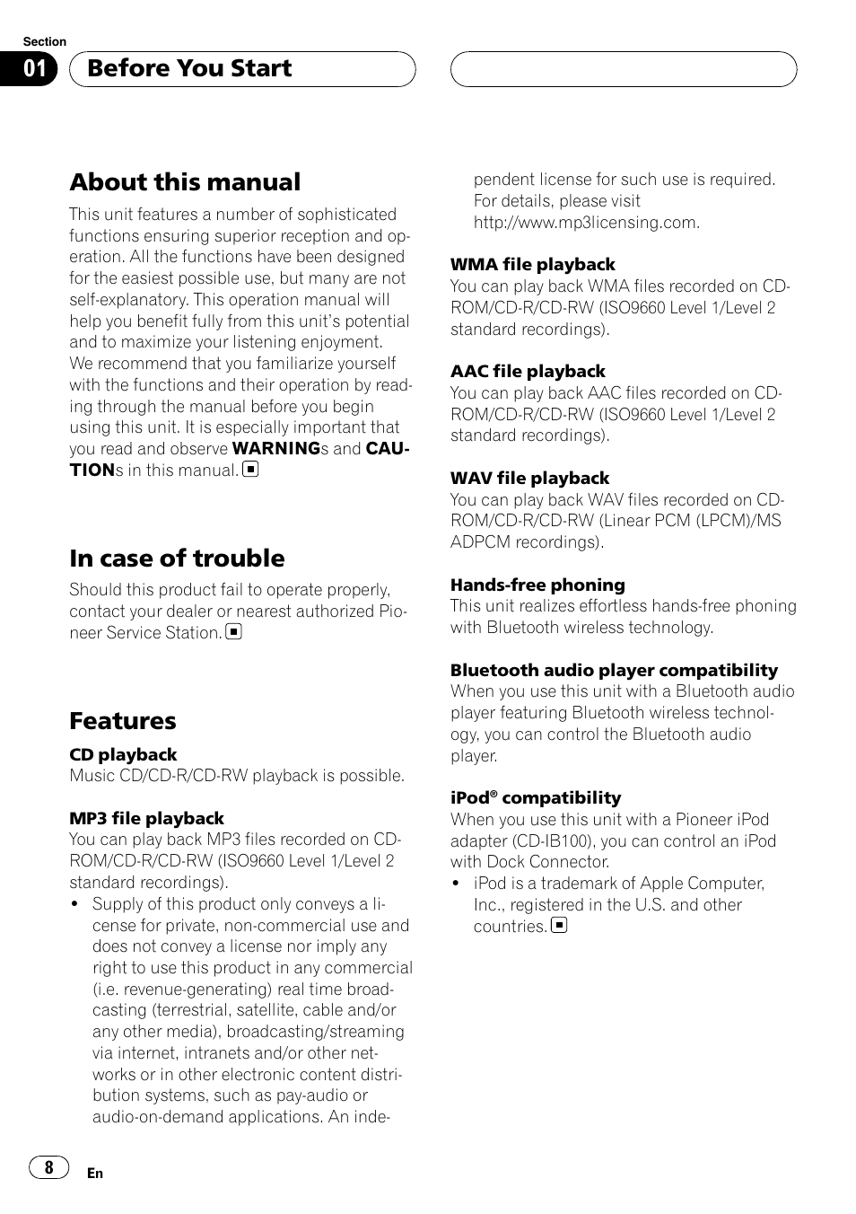 About this manual, In case of trouble, Features | Before you start | Pioneer DEH-P75BT User Manual | Page 8 / 207