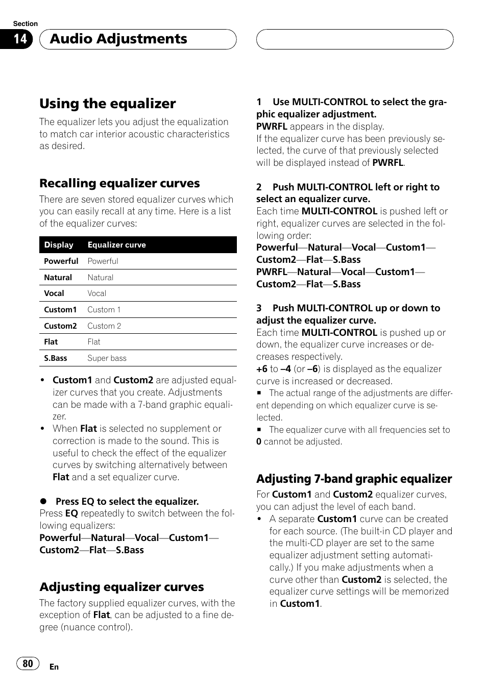 Using the equalizer, Recalling equalizer curves 80, Adjusting equalizer curves 80 | Adjusting 7-band graphic equalizer 80, Audio adjustments, Recalling equalizer curves, Adjusting equalizer curves, Adjusting 7-band graphic equalizer | Pioneer DEH-P75BT User Manual | Page 80 / 207