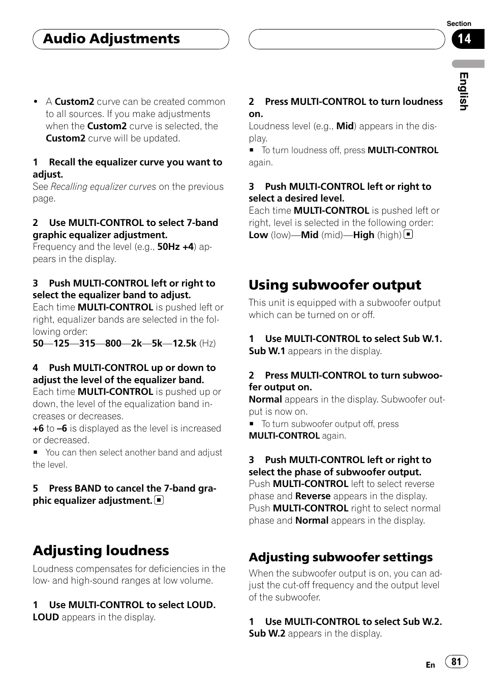 Adjusting loudness, Using subwoofer output, Adjusting subwoofer settings 81 | Audio adjustments, Adjusting subwoofer settings | Pioneer DEH-P75BT User Manual | Page 81 / 207