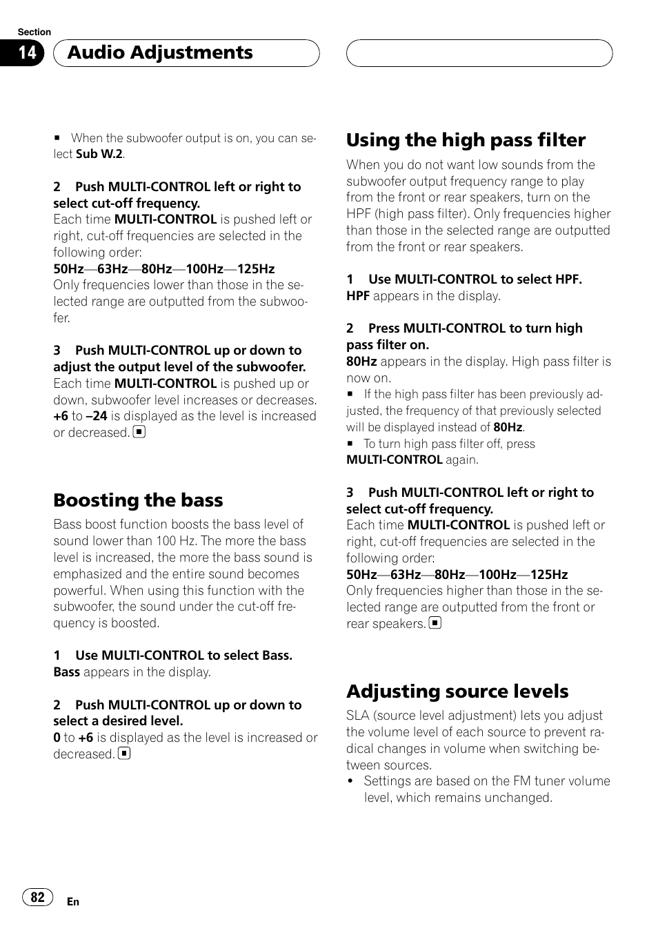 Boosting the bass, Using the high pass filter, Adjusting source levels | Audio adjustments | Pioneer DEH-P75BT User Manual | Page 82 / 207
