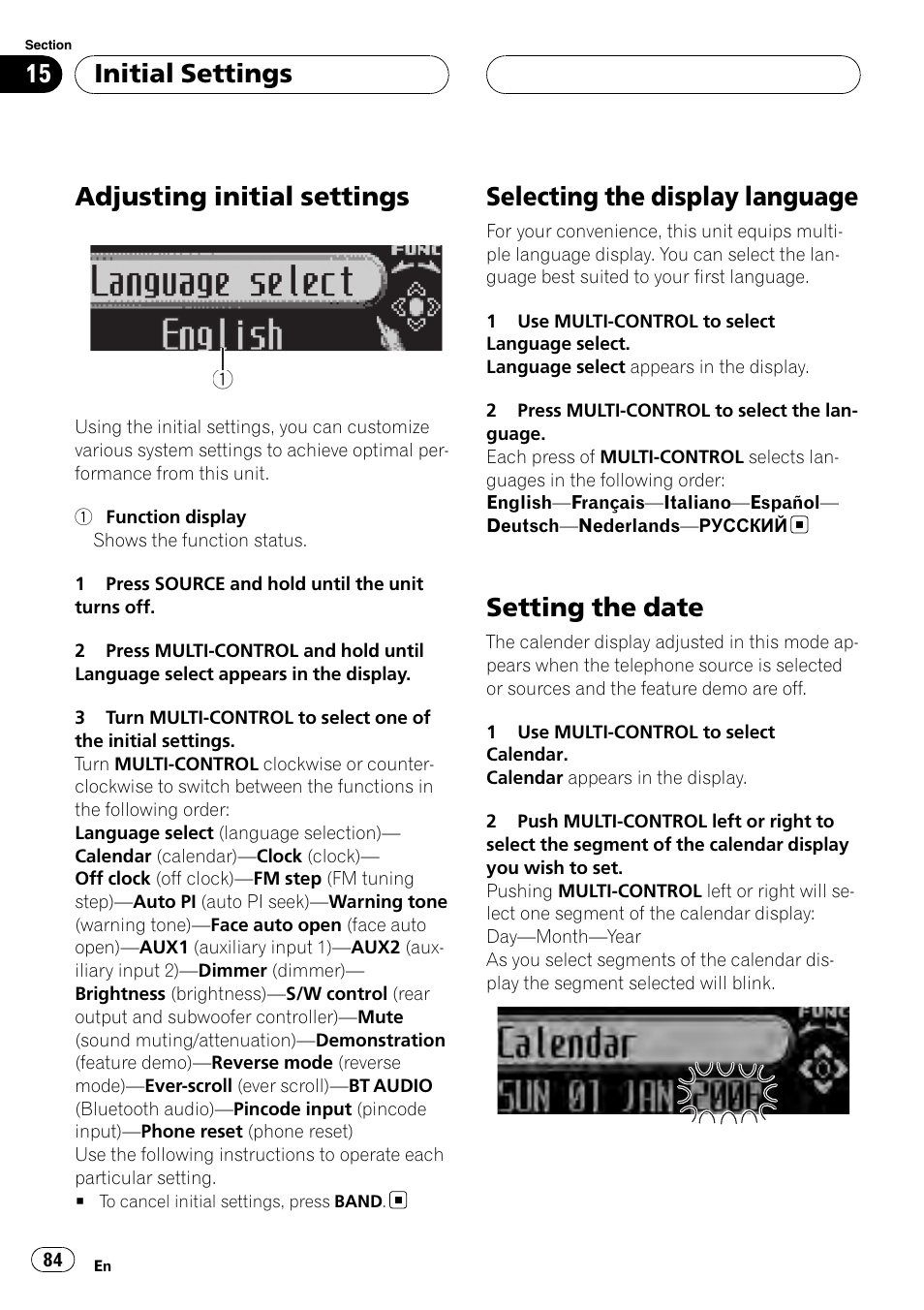 Initial settings adjusting initial settings, Selecting the display language, Setting the date | Adjusting initial settings, Initial settings | Pioneer DEH-P75BT User Manual | Page 84 / 207