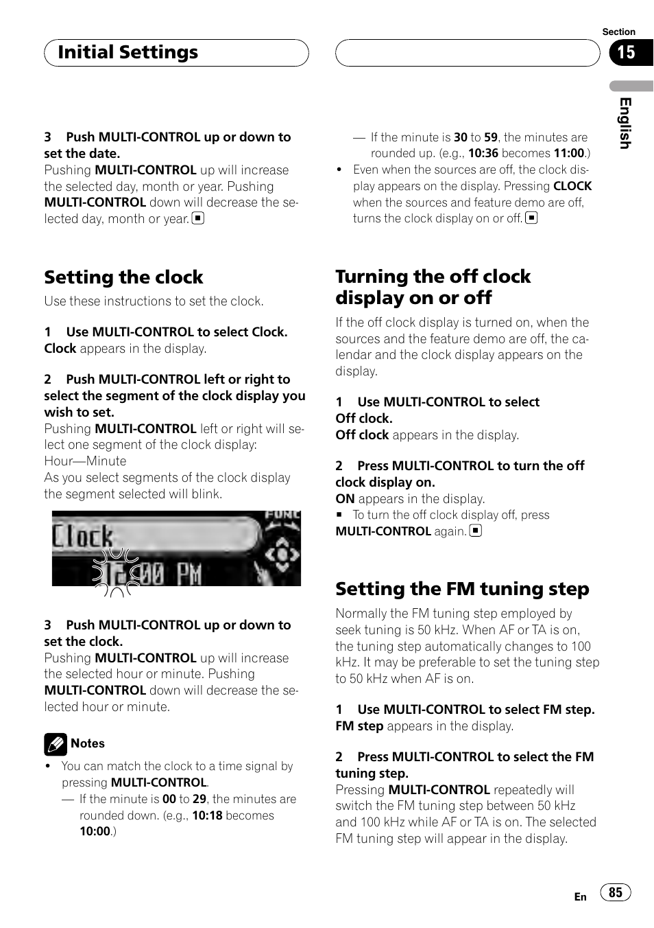 Setting the clock, Turning the off clock display on or off, Setting the fm tuning step | Initial settings | Pioneer DEH-P75BT User Manual | Page 85 / 207