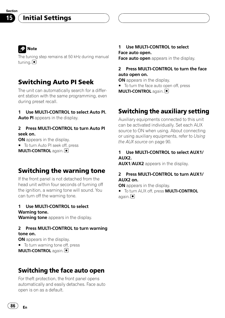 Switching auto pi seek, Switching the warning tone, Switching the face auto open | Switching the auxiliary setting, Initial settings | Pioneer DEH-P75BT User Manual | Page 86 / 207