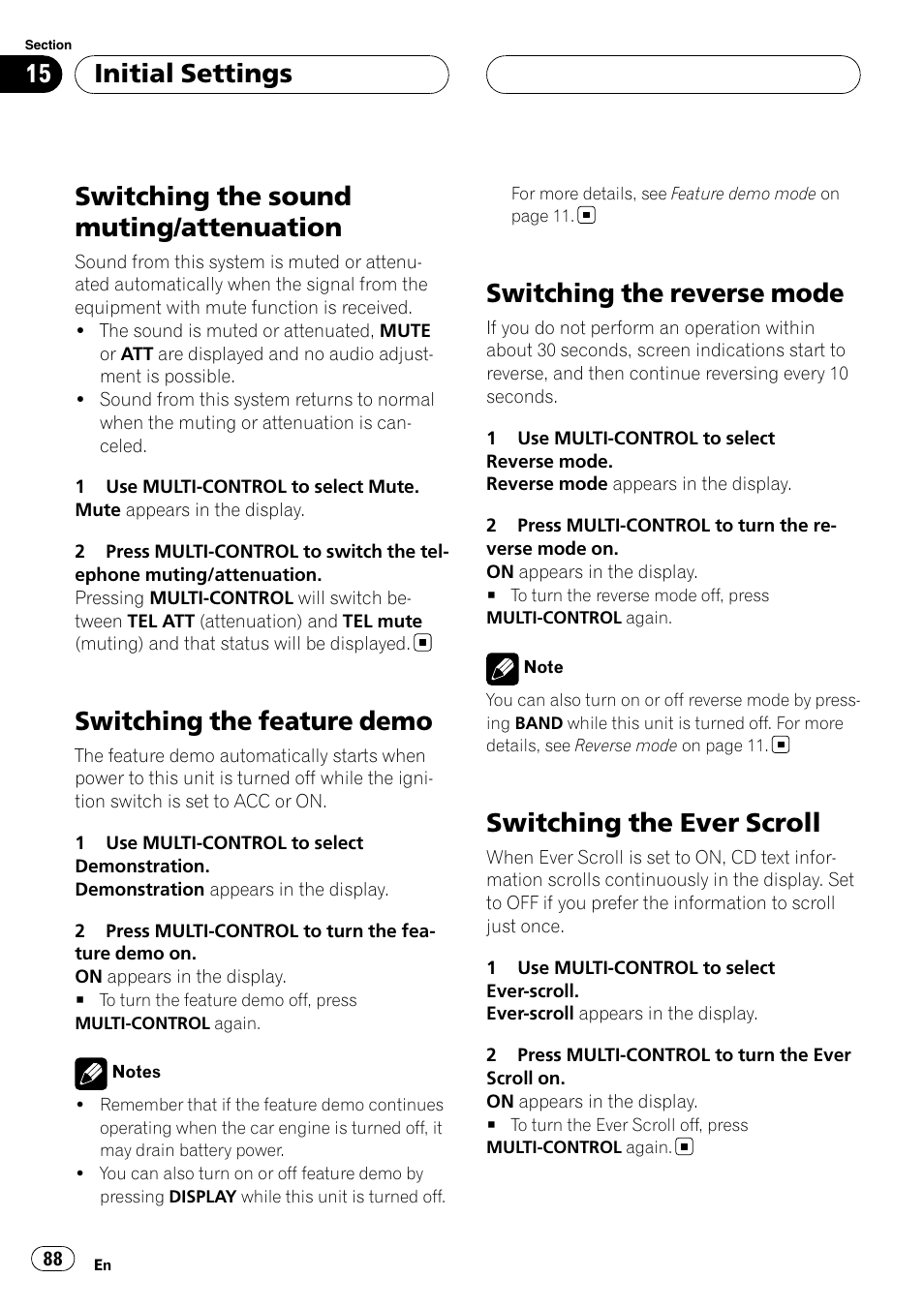 Switching the sound muting/attenuation, Switching the feature demo, Switching the reverse mode | Switching the ever scroll, Initial settings | Pioneer DEH-P75BT User Manual | Page 88 / 207
