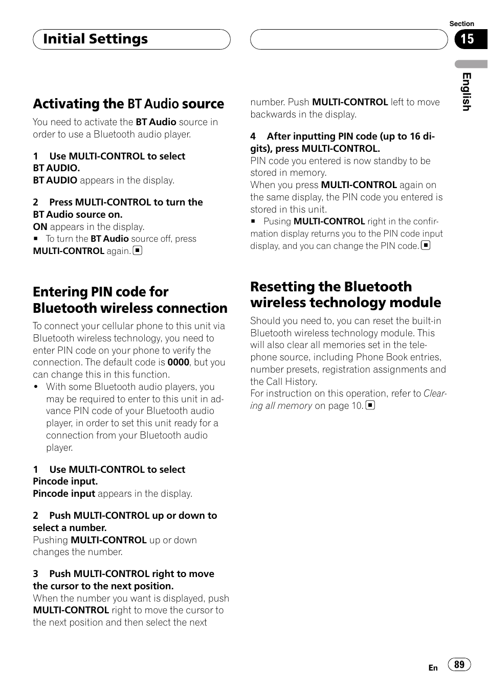 Activating the bt audio source, Entering pin code for bluetooth wireless, Connection | Resetting the bluetooth wireless technology, Module, Activating the, Bt audio source on, Resetting the bluetooth wireless technology module, Initial settings | Pioneer DEH-P75BT User Manual | Page 89 / 207