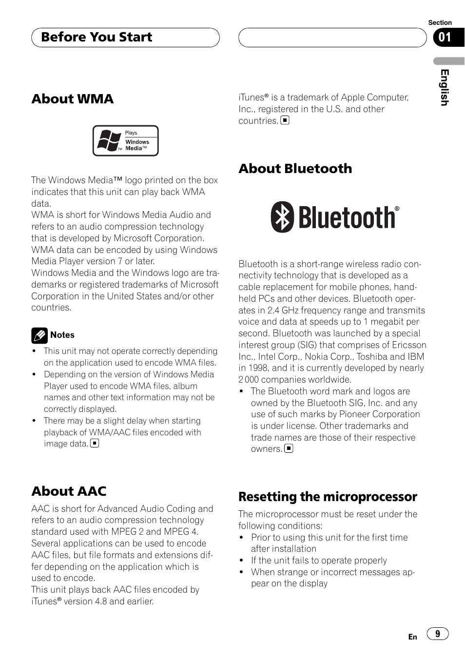 About wma, About aac, About bluetooth | Resetting the microprocessor, Before you start | Pioneer DEH-P75BT User Manual | Page 9 / 207