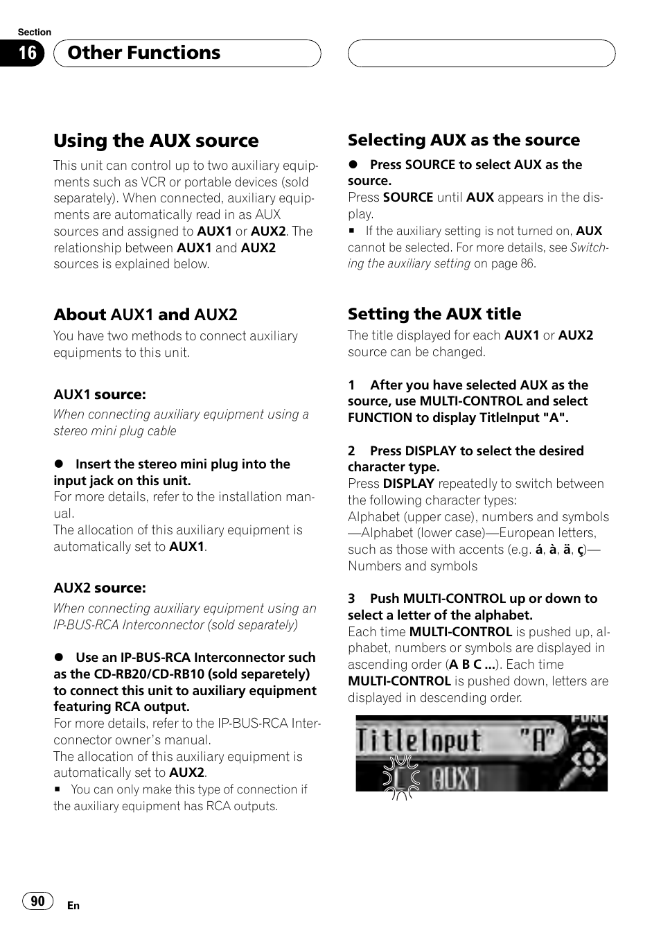 Other functions using the aux source, About aux1 and aux2 90, Selecting aux as the source 90 | Setting the aux title 90, Using the aux source, Other functions, About aux1 and aux2, Selecting aux as the source, Setting the aux title | Pioneer DEH-P75BT User Manual | Page 90 / 207