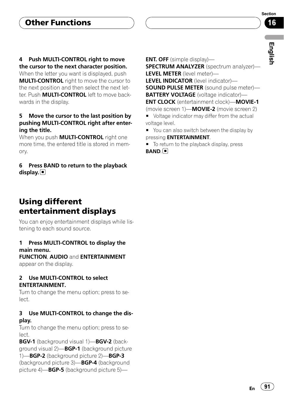 Using different entertainment displays, Other functions | Pioneer DEH-P75BT User Manual | Page 91 / 207