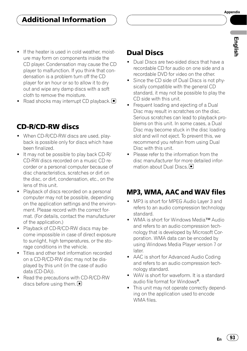 Cd-r/cd-rw discs, Dual discs, Mp3, wma, aac and wav files | Additional information | Pioneer DEH-P75BT User Manual | Page 93 / 207
