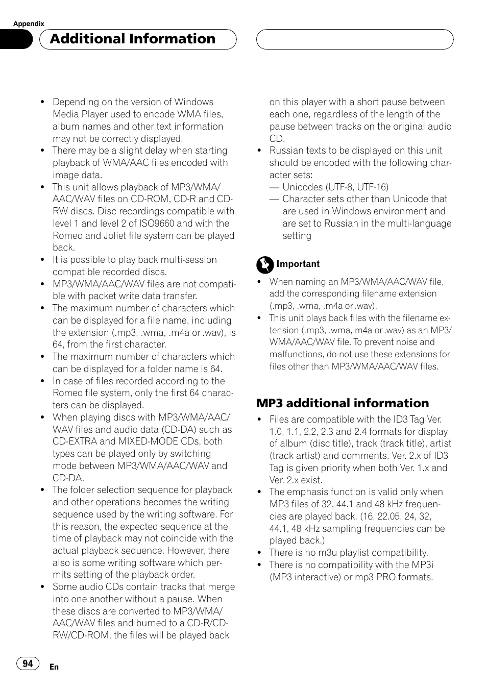 Mp3 additional information 94, Additional information, Mp3 additional information | Pioneer DEH-P75BT User Manual | Page 94 / 207