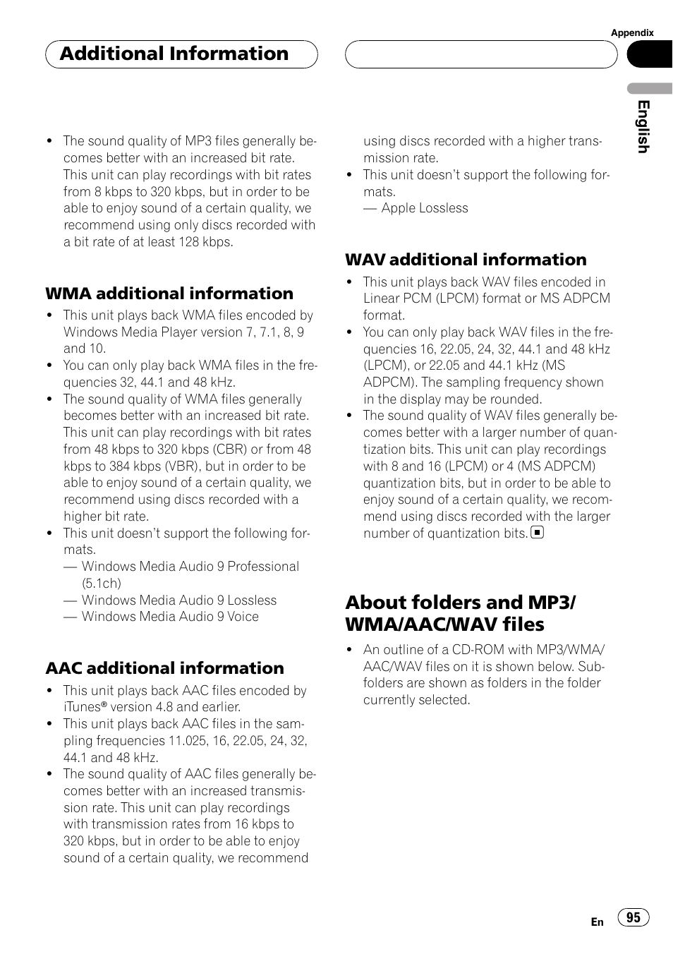 Wma additional information 95, Aac additional information 95, Wav additional information 95 | About folders and mp3/wma/aac/wav, Files, About folders and mp3/ wma/aac/wav files, Additional information, Wma additional information, Aac additional information, Wav additional information | Pioneer DEH-P75BT User Manual | Page 95 / 207