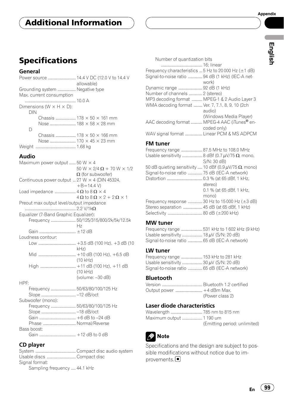 Specifications, Additional information, English | Pioneer DEH-P75BT User Manual | Page 99 / 207