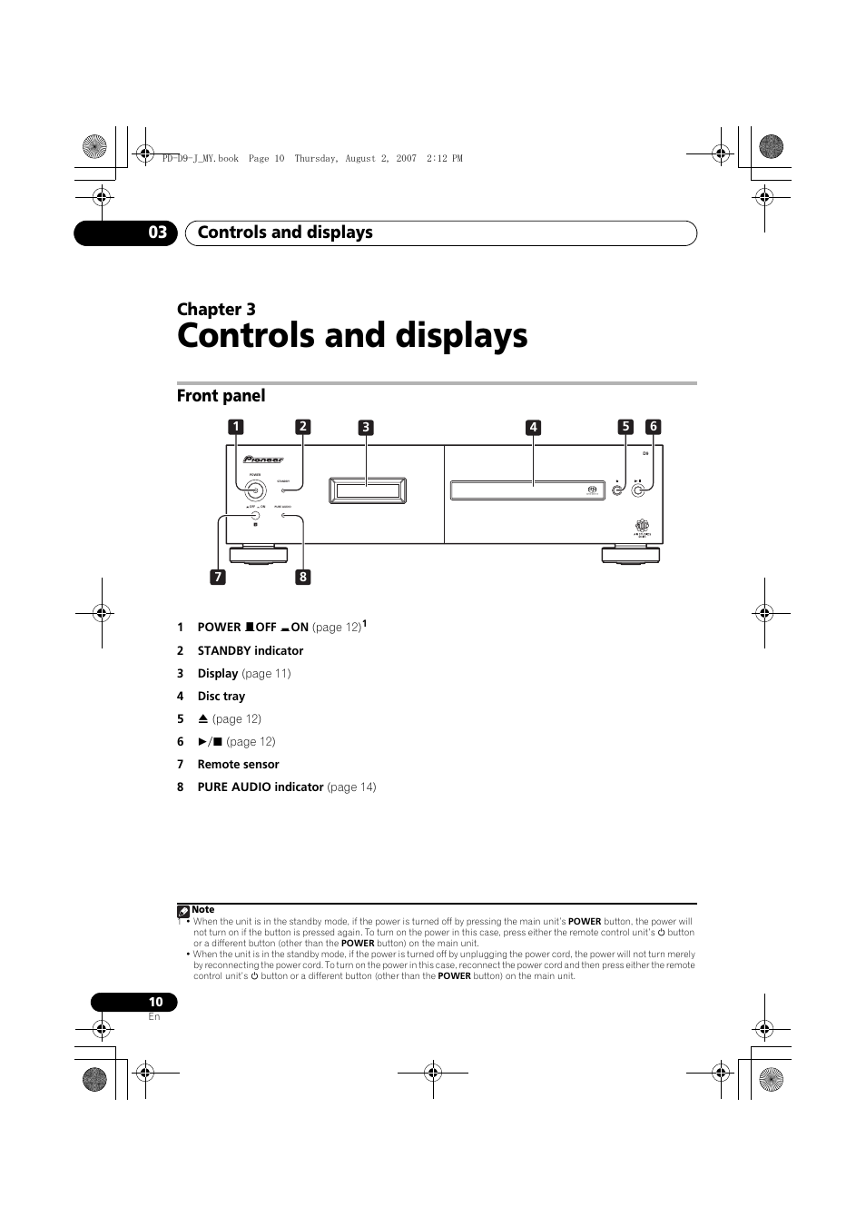 03 controls and displays, Front panel, Controls and displays | Controls and displays 03, Chapter 3 | Pioneer PD-D9-J User Manual | Page 10 / 110