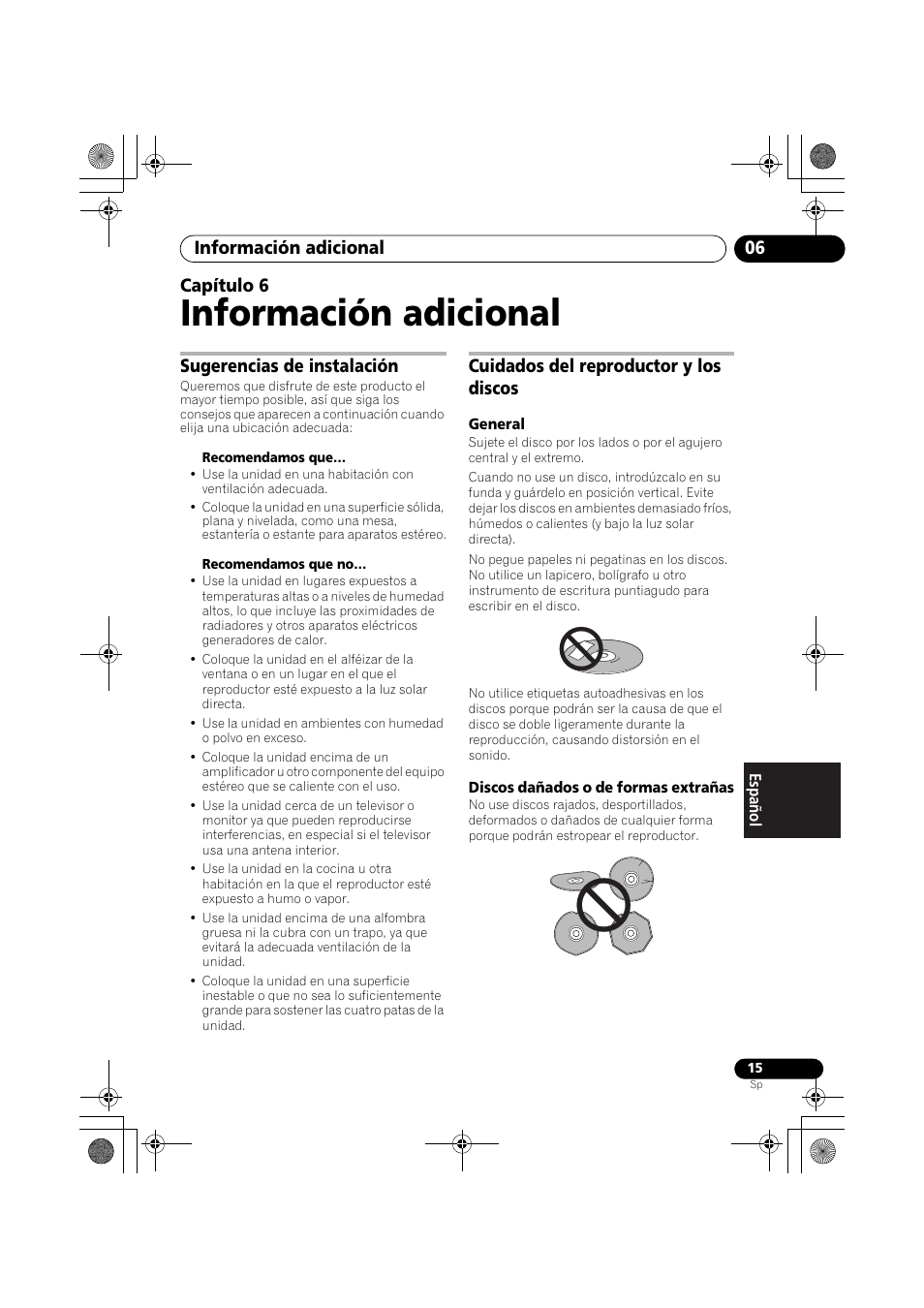 06 información adicional, Sugerencias de instalación, Cuidados del reproductor y los discos | Información adicional, Información adicional 06, Capítulo 6 | Pioneer PD-D9-J User Manual | Page 105 / 110