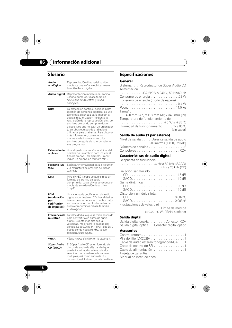 Glosario, Especificaciones, Información adicional 06 | Glosario especificaciones | Pioneer PD-D9-J User Manual | Page 108 / 110