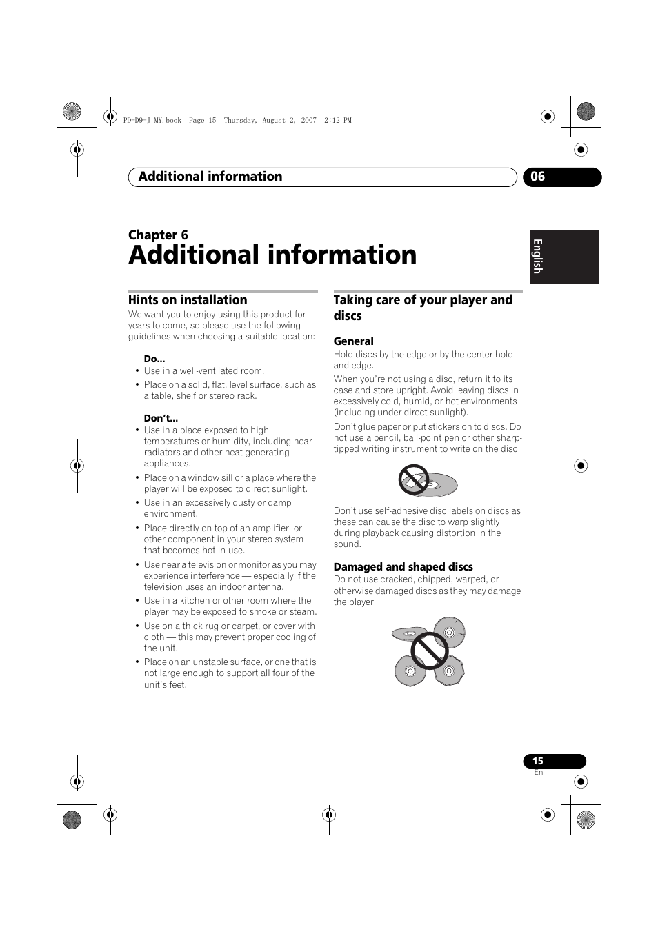 06 additional information, Hints on installation, Taking care of your player and discs | Additional information, Additional information 06, Chapter 6 | Pioneer PD-D9-J User Manual | Page 15 / 110