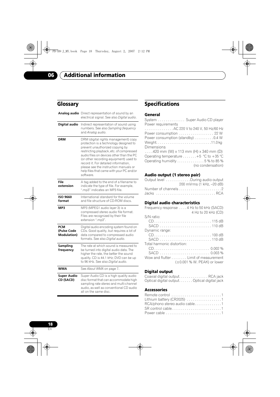 Glossary, Specifications, Additional information 06 | Glossary specifications | Pioneer PD-D9-J User Manual | Page 18 / 110