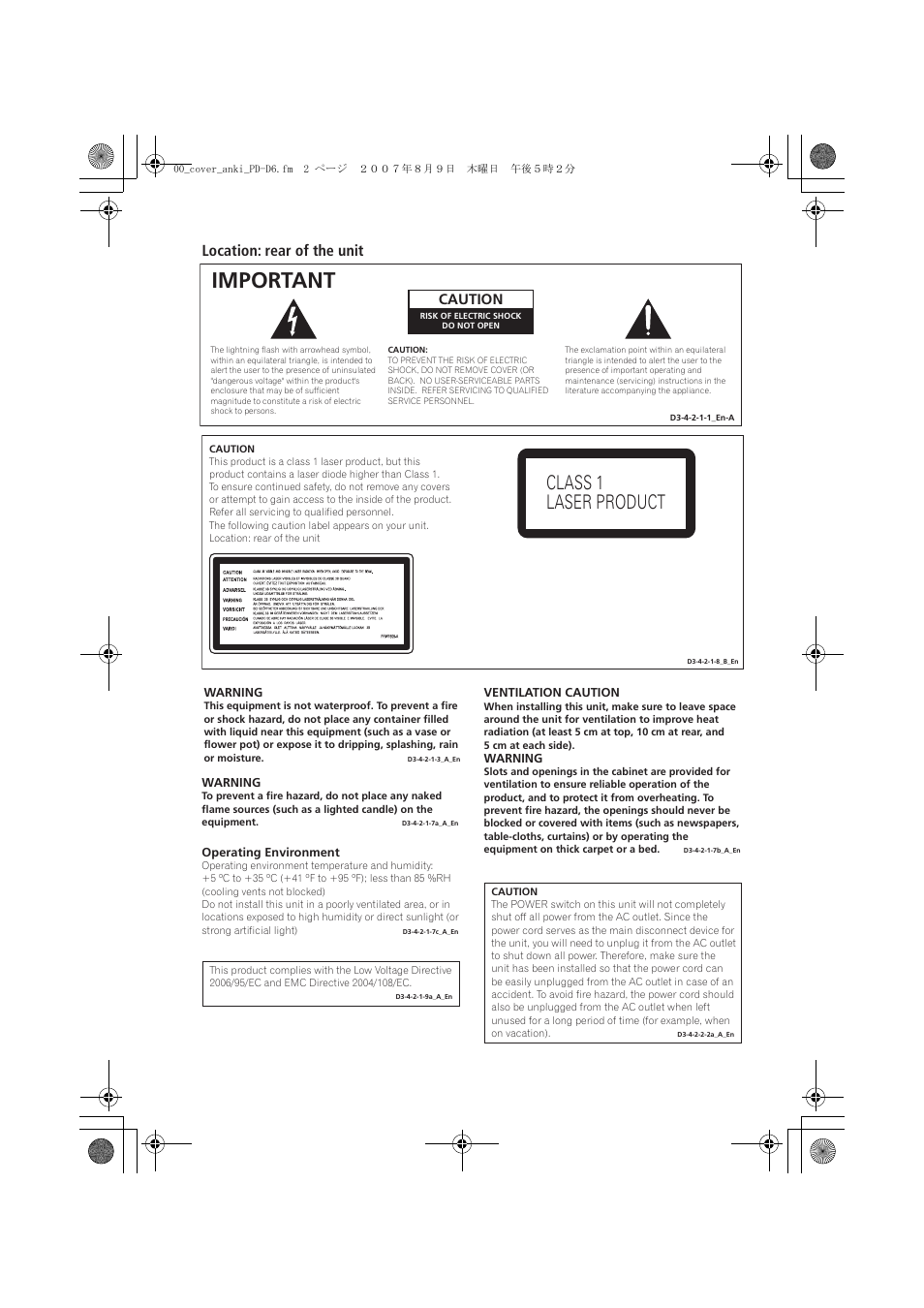 Important, Class 1 laser product, Location: rear of the unit | Caution | Pioneer PD-D9-J User Manual | Page 2 / 110