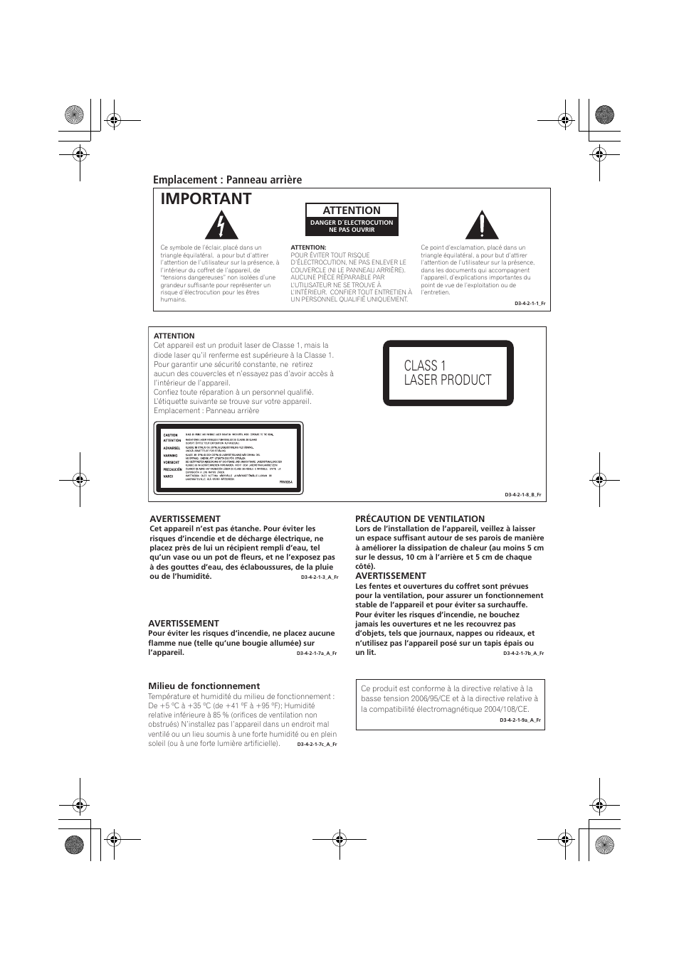 Important, Class 1 laser product, Emplacement : panneau arrière | Attention | Pioneer PD-D9-J User Manual | Page 20 / 110