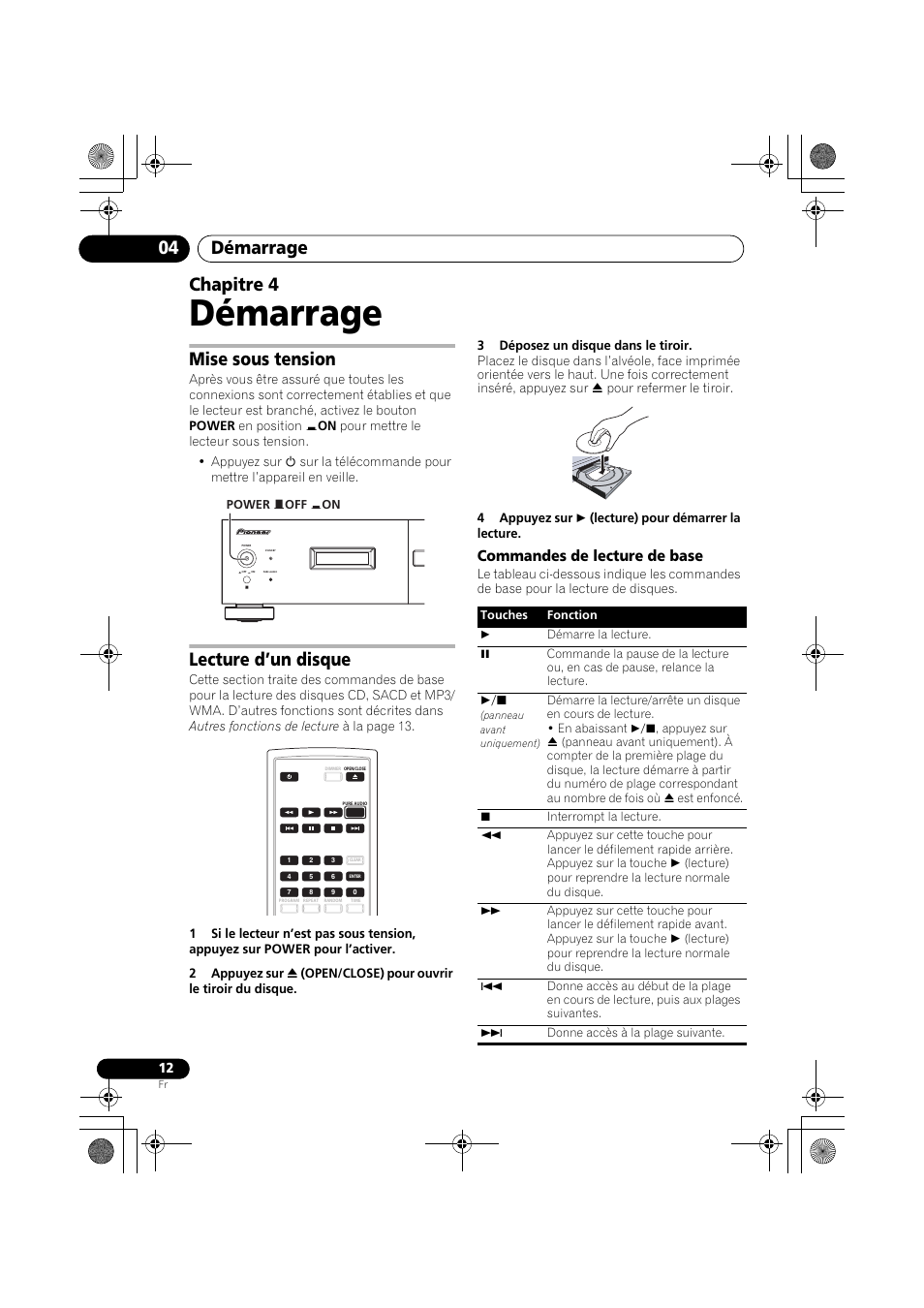 04 démarrage, Mise sous tension, Lecture d’un disque | Démarrage, Démarrage 04, Chapitre 4, Commandes de lecture de base | Pioneer PD-D9-J User Manual | Page 30 / 110