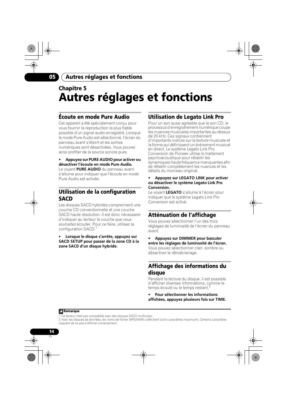 05 autres réglages et fonctions, Écoute en mode pure audio, Utilisation de la configuration sacd | Utilisation de legato link pro, Atténuation de l’affichage, Affichage des informations du disque, Autres réglages et fonctions, Autres réglages et fonctions 05, Chapitre 5 | Pioneer PD-D9-J User Manual | Page 32 / 110