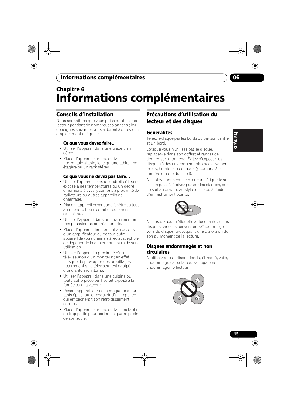 06 informations complémentaires, Conseils d’installation, Informations complémentaires | Informations complémentaires 06, Chapitre 6 | Pioneer PD-D9-J User Manual | Page 33 / 110