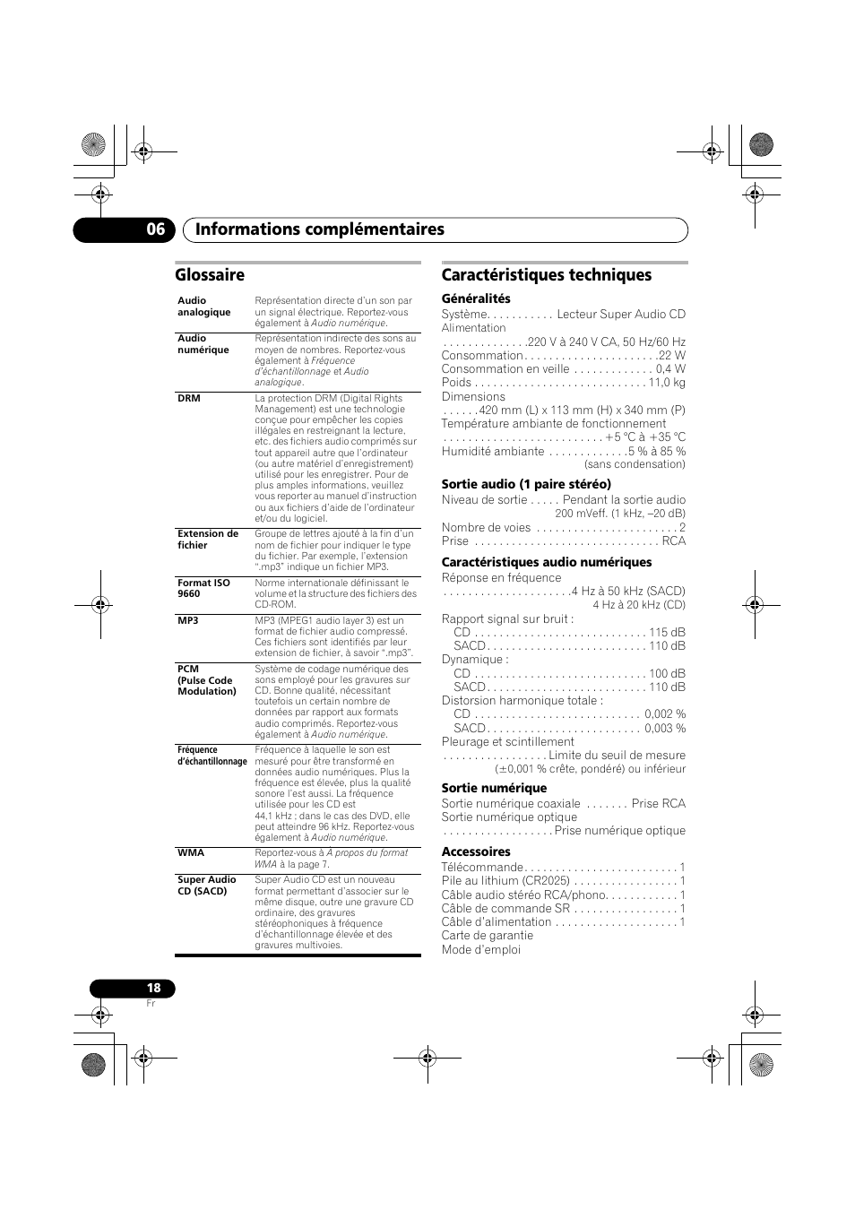 Glossaire, Caractéristiques techniques, Informations complémentaires 06 | Glossaire caractéristiques techniques | Pioneer PD-D9-J User Manual | Page 36 / 110