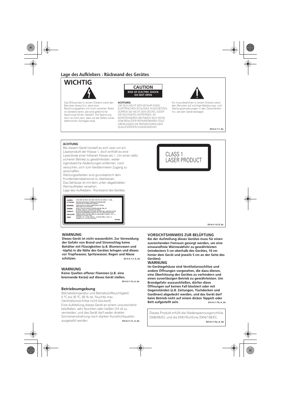 Wichtig, Class 1 laser product, Lage des aufklebers : rückwand des gerätes | Caution | Pioneer PD-D9-J User Manual | Page 38 / 110