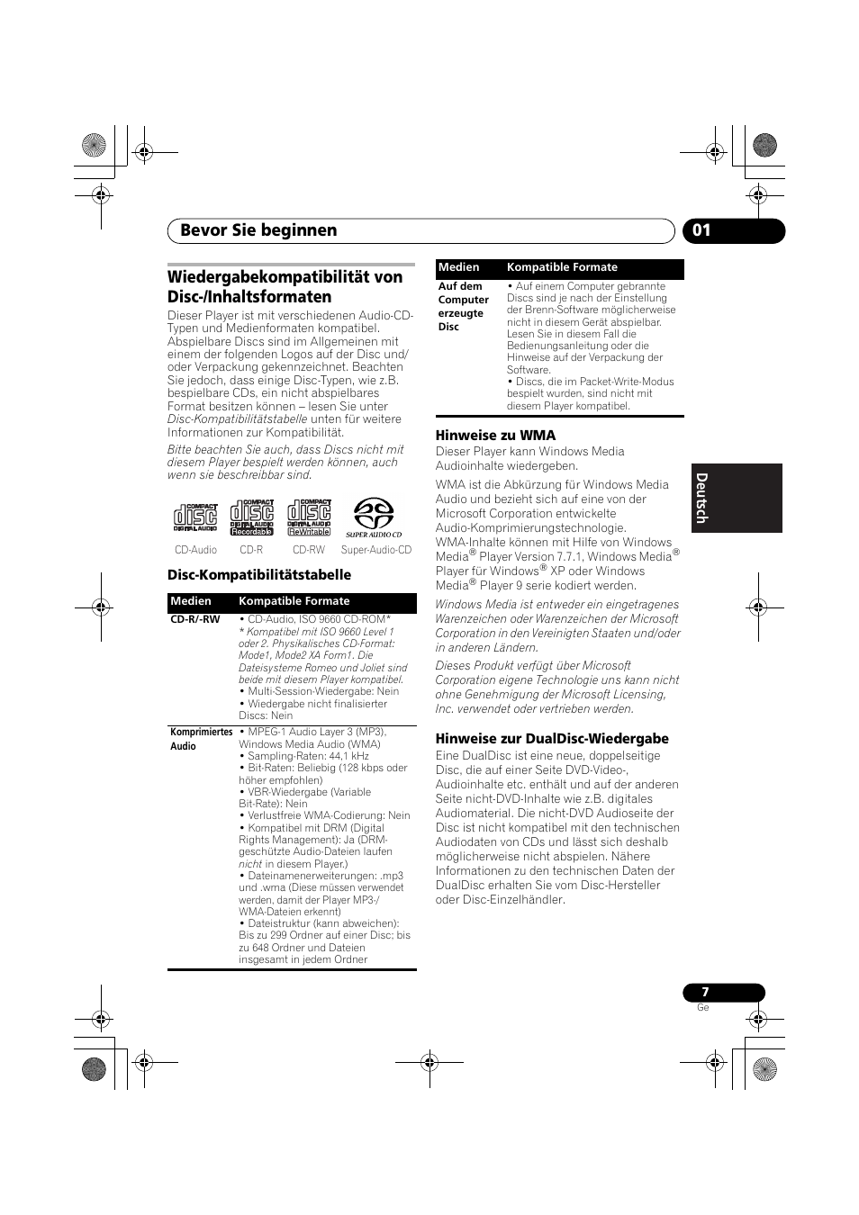 Bevor sie beginnen 01, Wiedergabekompatibilität von disc-/inhaltsformaten | Pioneer PD-D9-J User Manual | Page 43 / 110
