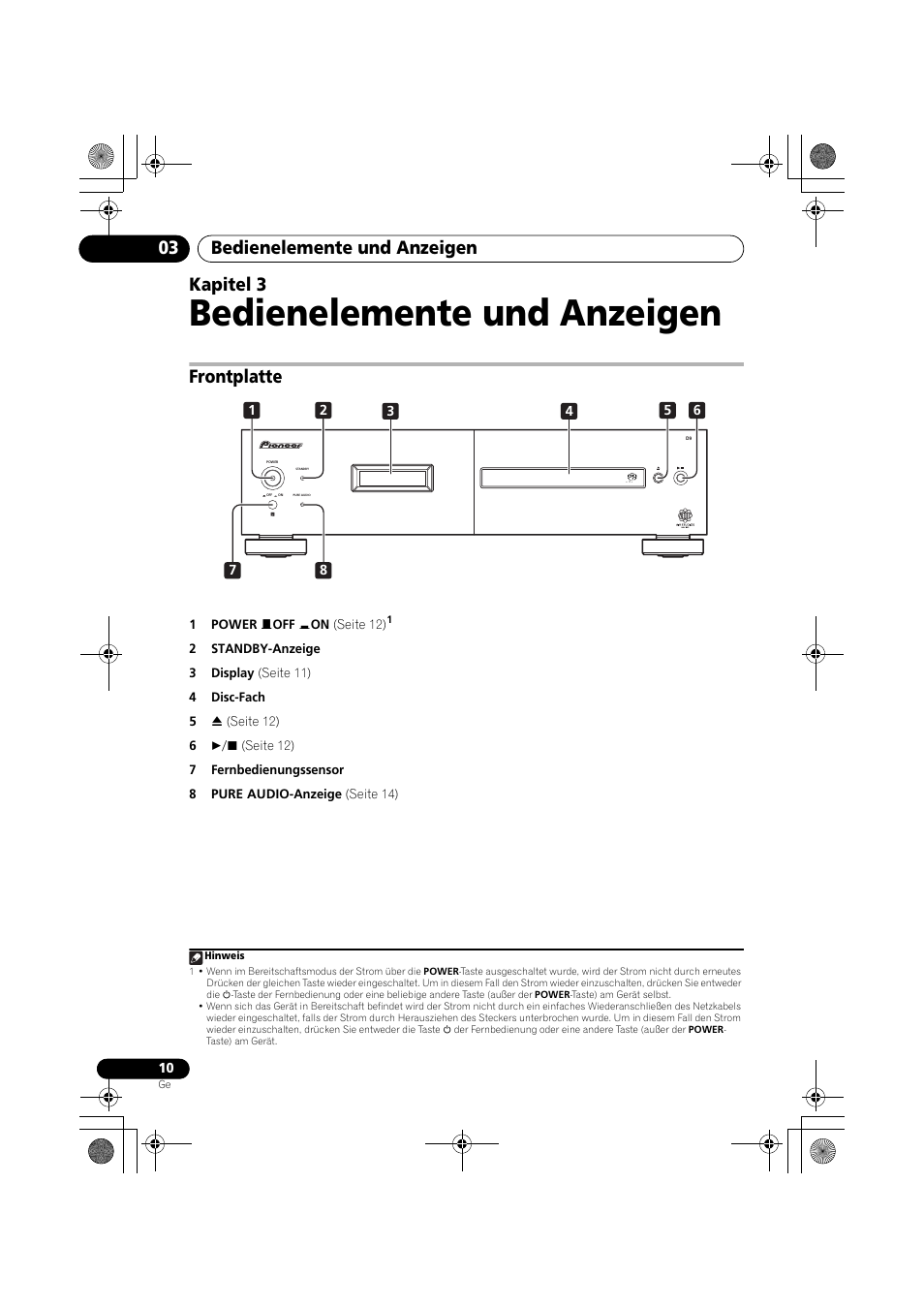 03 bedienelemente und anzeigen, Frontplatte, Bedienelemente und anzeigen | Bedienelemente und anzeigen 03, Kapitel 3 | Pioneer PD-D9-J User Manual | Page 46 / 110