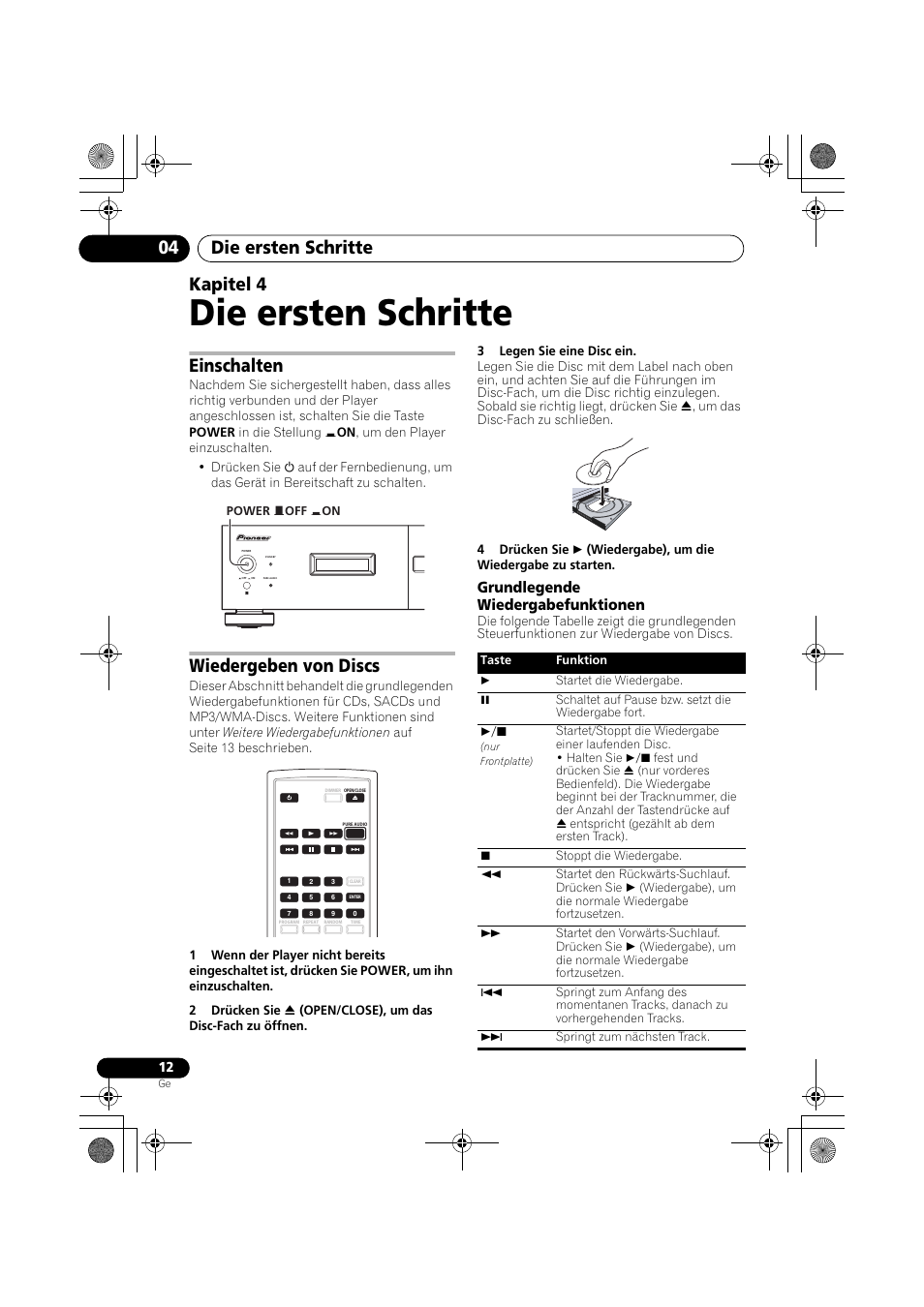 04 die ersten schritte, Einschalten, Wiedergeben von discs | Die ersten schritte, Die ersten schritte 04, Kapitel 4, Grundlegende wiedergabefunktionen | Pioneer PD-D9-J User Manual | Page 48 / 110