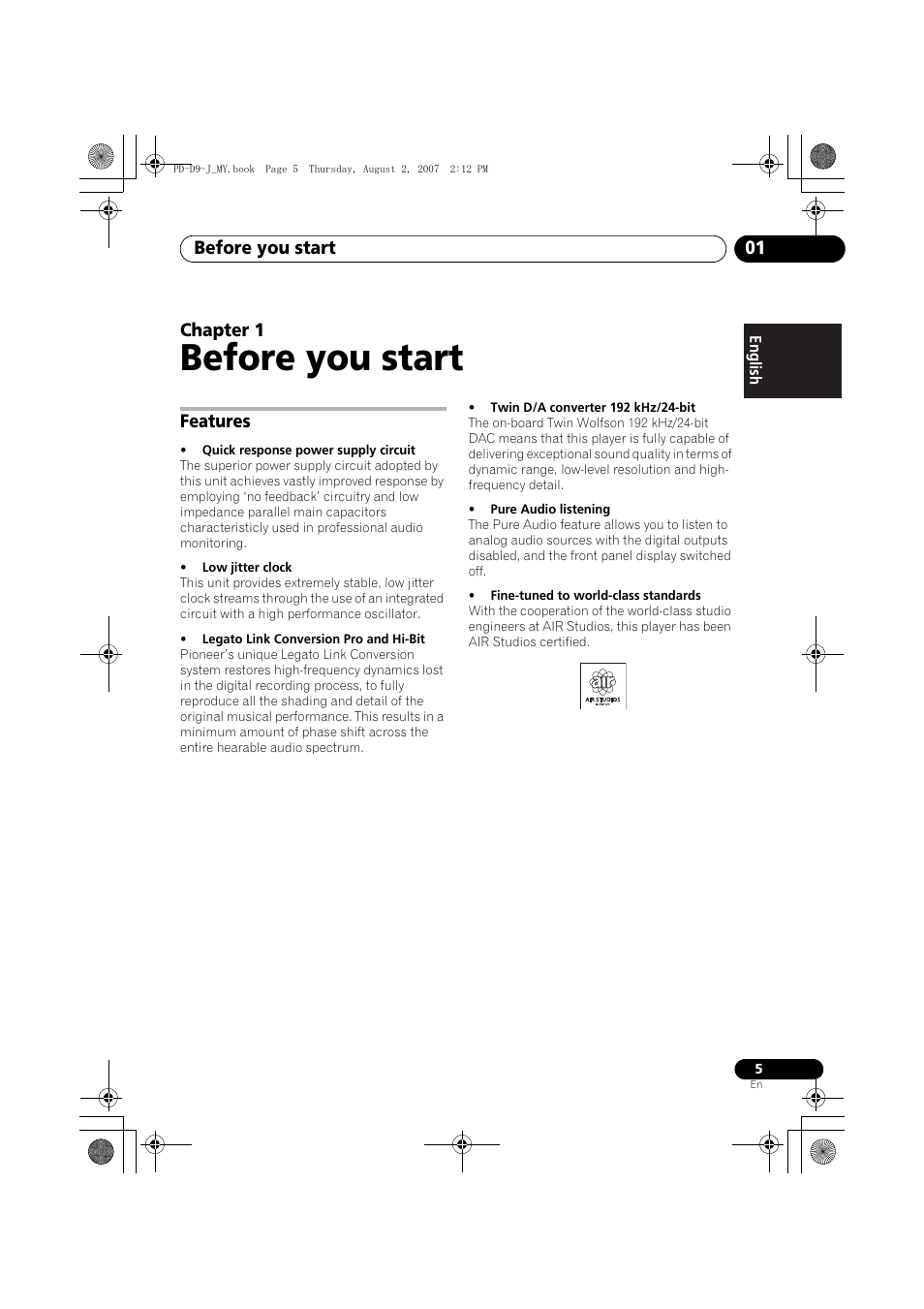 01 before you start, Features, Before you start | Before you start 01, Chapter 1 | Pioneer PD-D9-J User Manual | Page 5 / 110