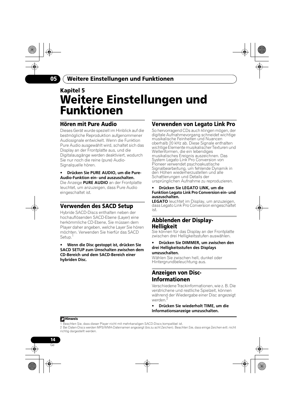 05 weitere einstellungen und funktionen, Hören mit pure audio, Verwenden des sacd setup | Verwenden von legato link pro, Abblenden der display-helligkeit, Anzeigen von disc-informationen, Weitere einstellungen und funktionen, Weitere einstellungen und funktionen 05, Kapitel 5, Abblenden der display- helligkeit | Pioneer PD-D9-J User Manual | Page 50 / 110