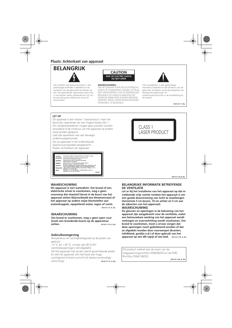 Belangrijk, Class 1 laser product, Plaats: achterkant van apparaat | Caution | Pioneer PD-D9-J User Manual | Page 56 / 110