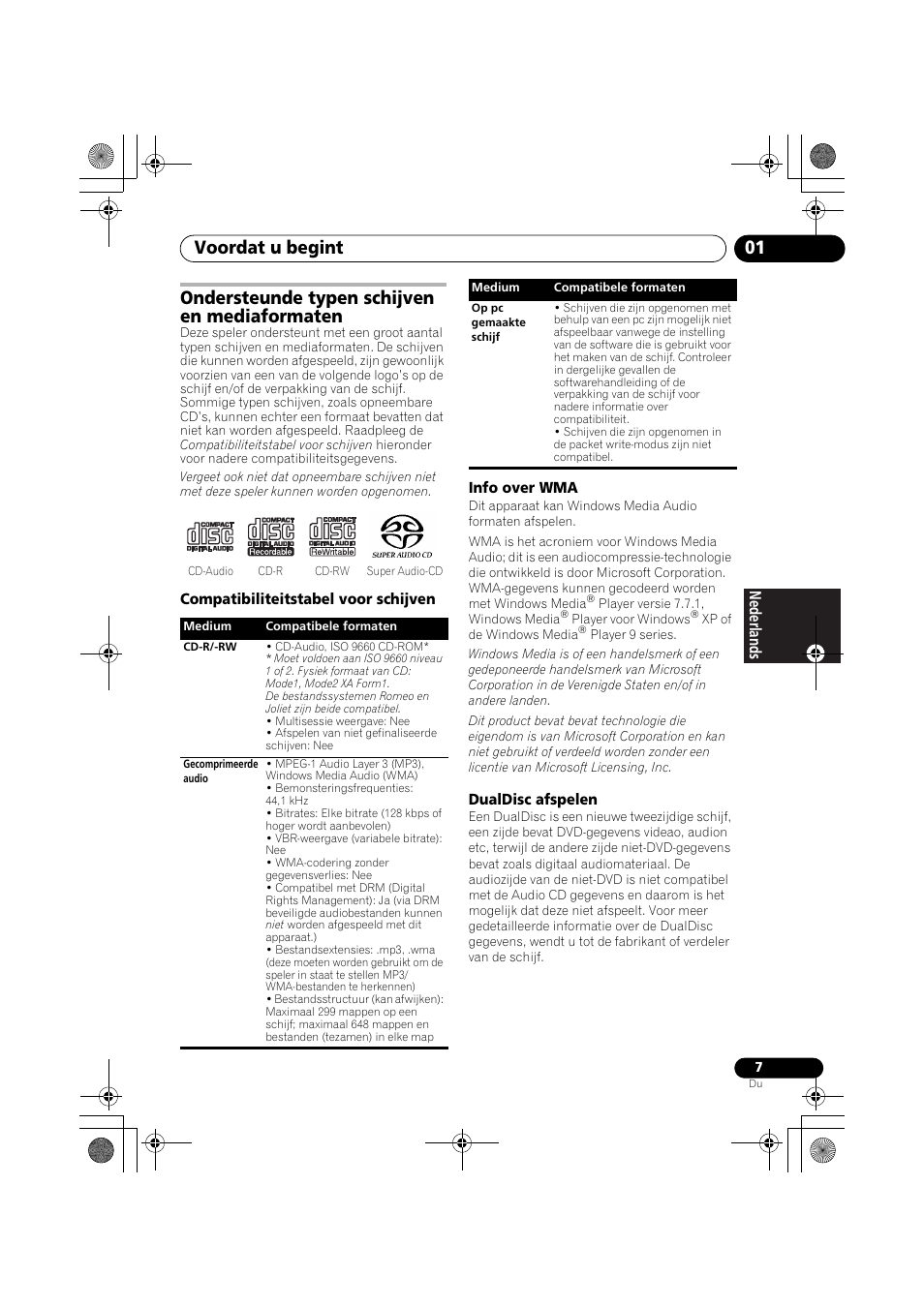 Ondersteunde typen schijven en mediaformaten, Voordat u begint 01 | Pioneer PD-D9-J User Manual | Page 61 / 110