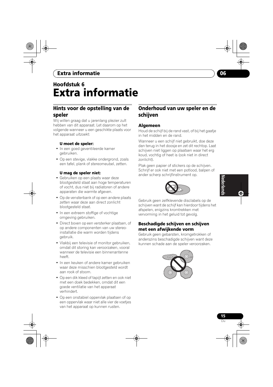 06 extra informatie, Hints voor de opstelling van de speler, Onderhoud van uw speler en de schijven | Extra informatie, Extra informatie 06, Hoofdstuk 6 | Pioneer PD-D9-J User Manual | Page 69 / 110