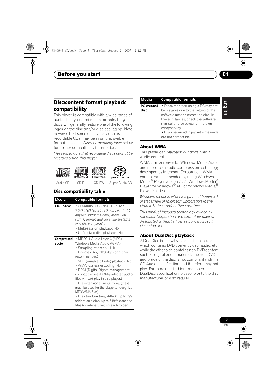 Disc/content format playback compatibility, Before you start 01 | Pioneer PD-D9-J User Manual | Page 7 / 110