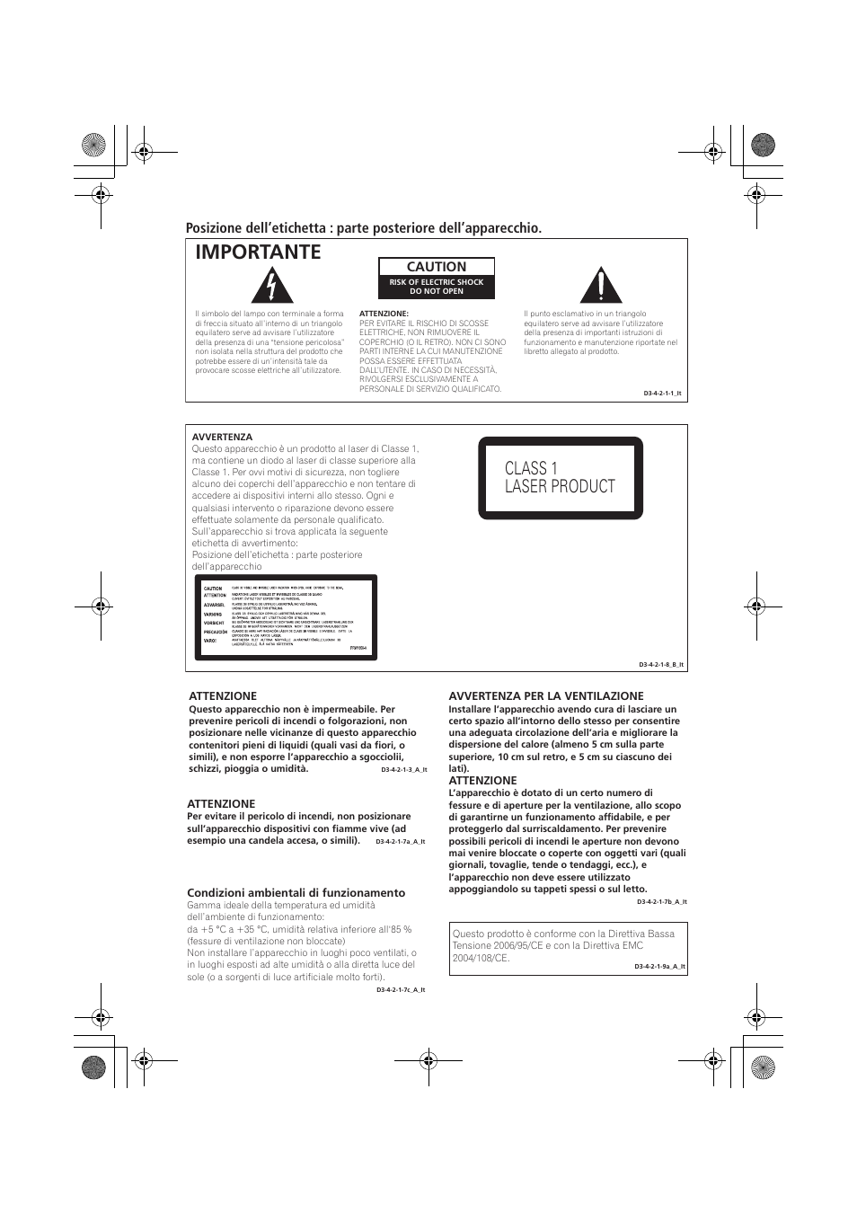 Importante, Class 1 laser product, Caution | Pioneer PD-D9-J User Manual | Page 74 / 110