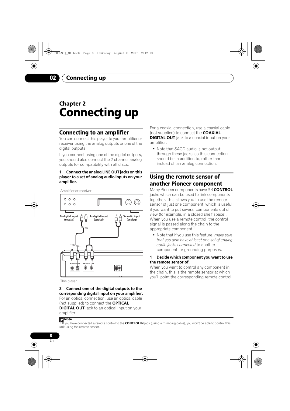 02 connecting up, Connecting to an amplifier, Connecting up | Connecting up 02, Chapter 2 | Pioneer PD-D9-J User Manual | Page 8 / 110