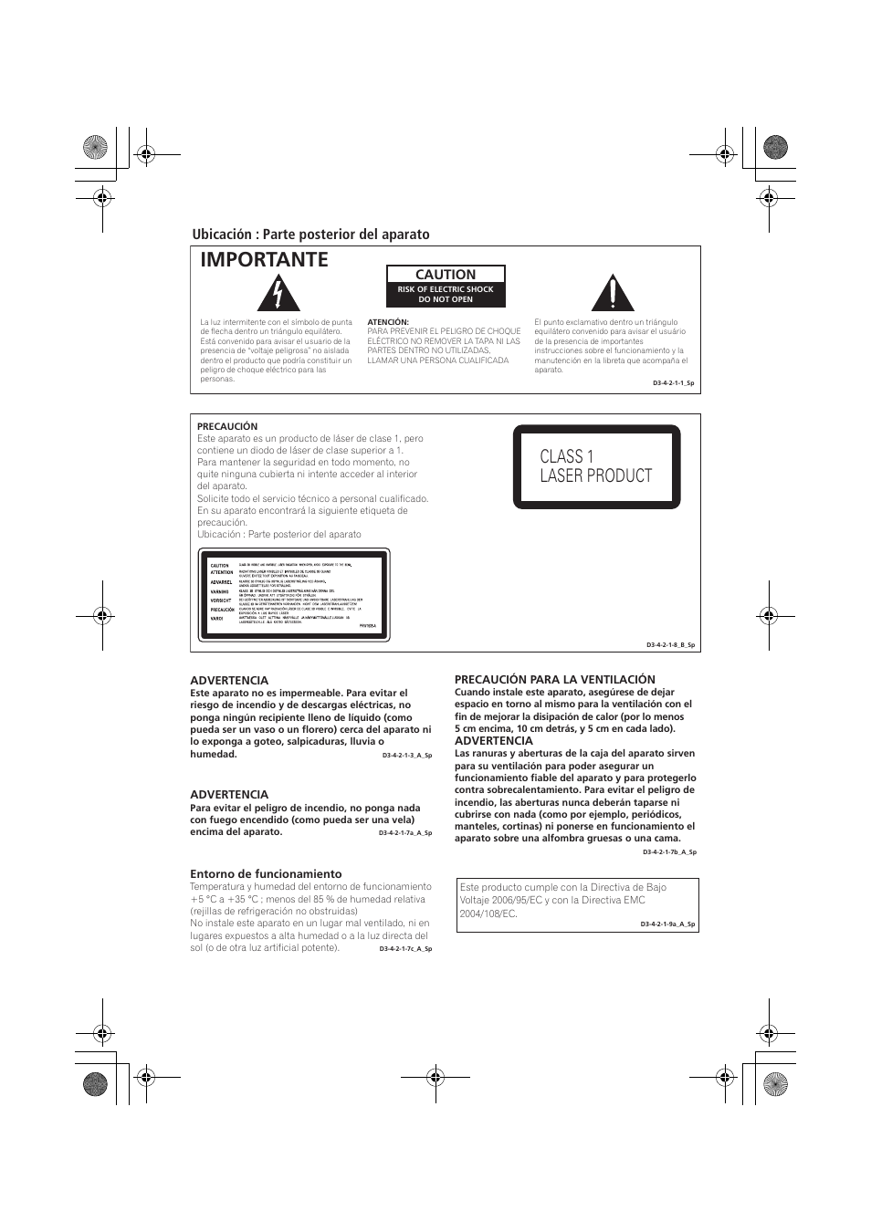 Importante, Class 1 laser product, Ubicación : parte posterior del aparato | Caution | Pioneer PD-D9-J User Manual | Page 92 / 110