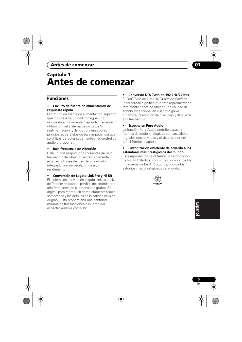 01 antes de comenzar, Funciones, Antes de comenzar | Antes de comenzar 01, Capítulo 1 | Pioneer PD-D9-J User Manual | Page 95 / 110