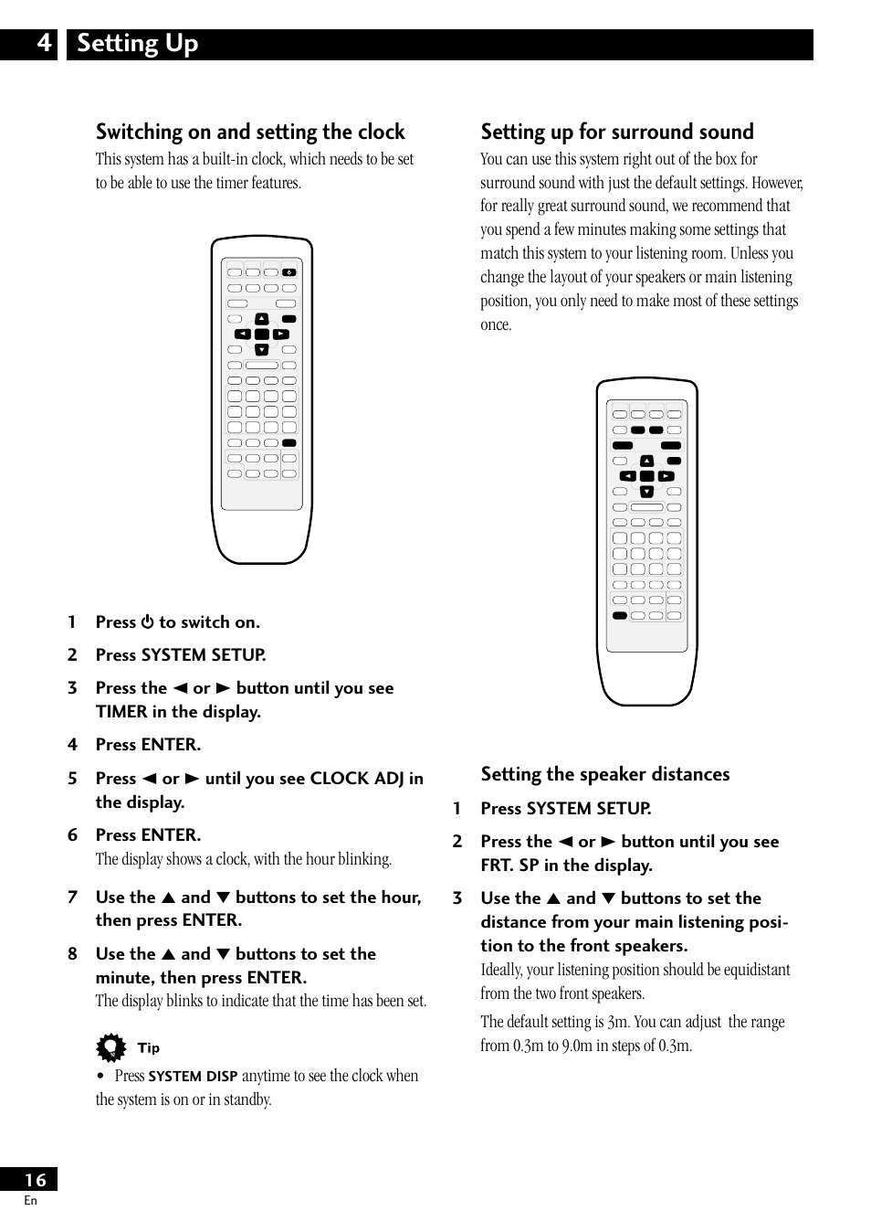 4 setting up, Setting the speaker distances, Setting up 4 | Switching on and setting the clock, Setting up for surround sound | Pioneer S-HTD50 User Manual | Page 16 / 52