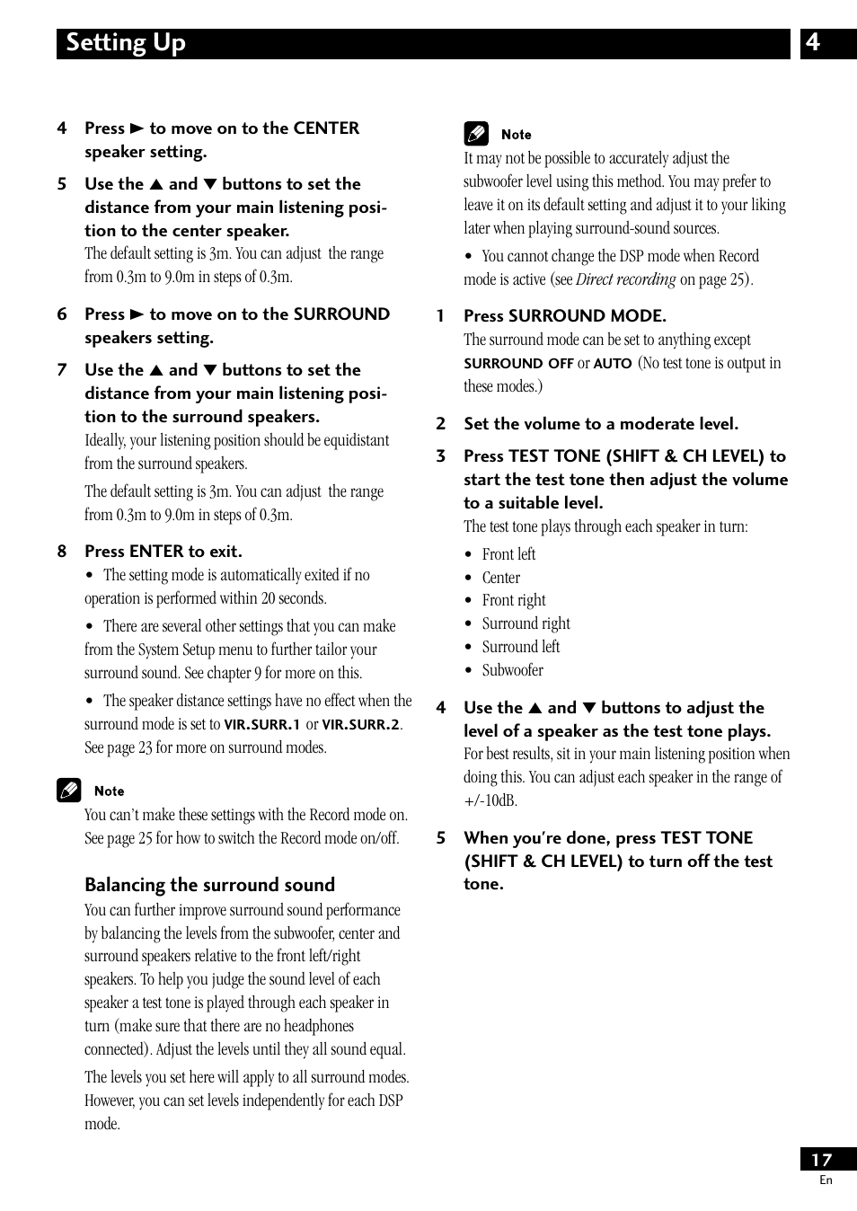 Balancing the surround sound, 4setting up | Pioneer S-HTD50 User Manual | Page 17 / 52