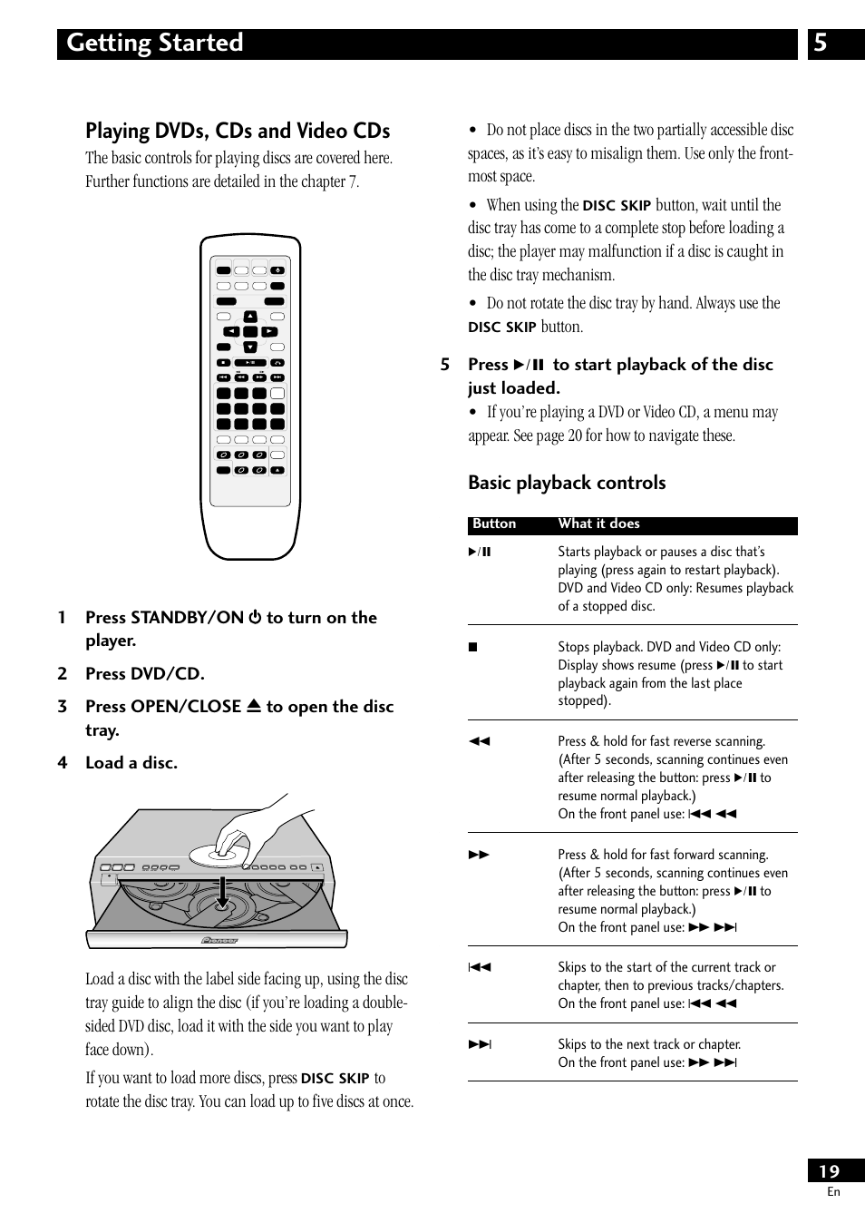 5 getting started, Playing dvds, cds and video cds 19, Basic playback controls | 5getting started, Playing dvds, cds and video cds, Disc, Skip | Pioneer S-HTD50 User Manual | Page 19 / 52