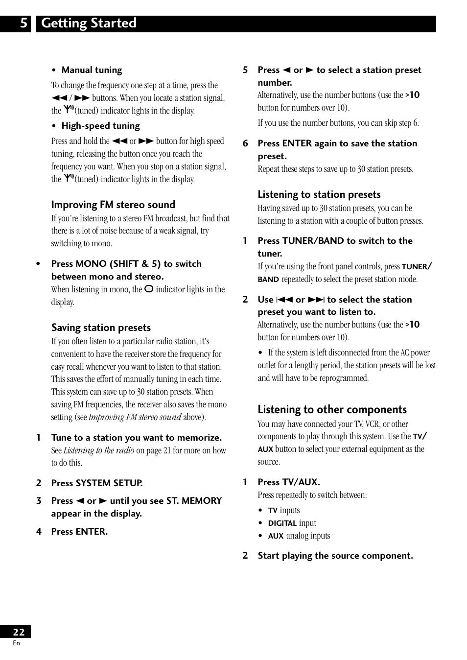 Improving fm stereo sound, Saving station presets, Listening to station presets | Listening to other components, Getting started 5 | Pioneer S-HTD50 User Manual | Page 22 / 52