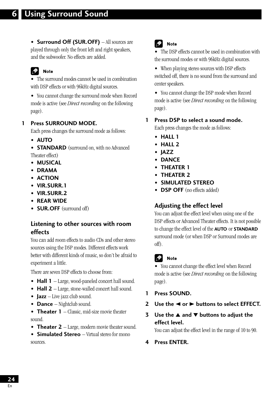 Listening to other sources with, Room effects, Adjusting the effect level | Using surround sound 6 | Pioneer S-HTD50 User Manual | Page 24 / 52