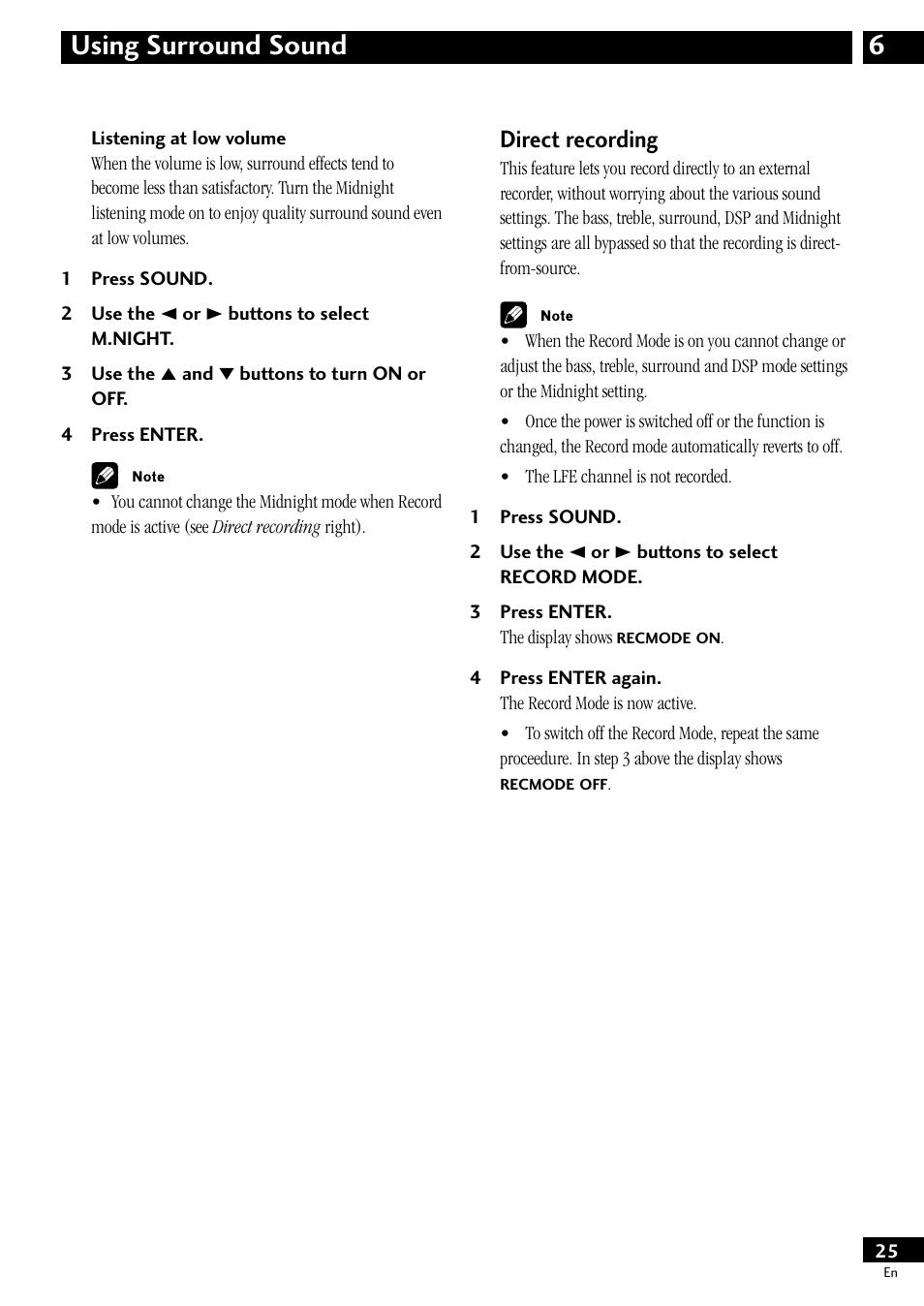 Listening at low volume, Direct recording, 6using surround sound | Pioneer S-HTD50 User Manual | Page 25 / 52
